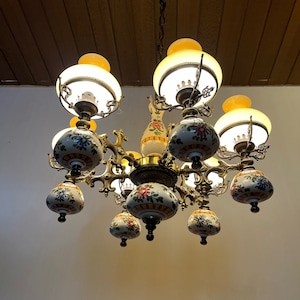 Brass chandelier with hand painted ceramic elements and six glass shades vintage