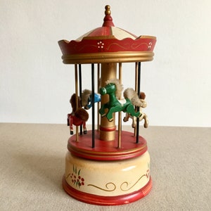 Carousel Music Box with Horses Wooden Music Vox Vintage Decoration 1970s