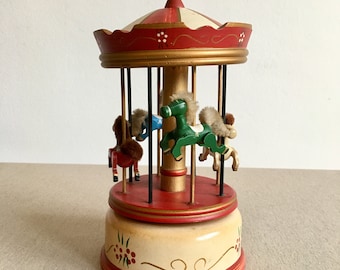 Carousel Music Box with Horses Wooden Music Vox Vintage Decoration 1970s