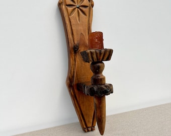 Wooden Candle Holder with Candle Remnants Vintage Handmade in Germany