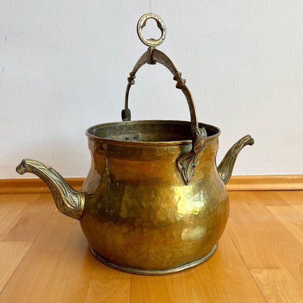 Brass Planter with Two Spouts and Handle in Belgium Vintage Hanging Flower Pot