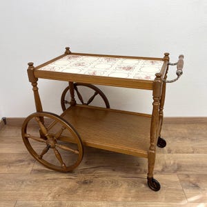 Wooden bar trolley with tiles decorated top surface vintage Germany 1980s