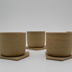 Puede incluir: Cuatro tazas de cerámica beige con platillos a juego. Las tazas son ligeramente redondeadas y tienen una superficie texturizada. Los platillos son hexagonales.