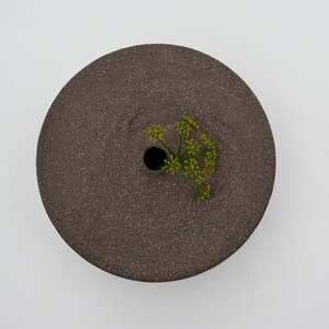 May include: A circular, dark brown ceramic vase with a small central hole. The vase has a textured surface and holds a sprig of green foliage. The vase is set against a white background.