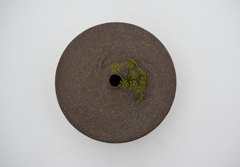 May include: A circular, dark brown ceramic vase with a small central hole. The vase has a textured surface and holds a sprig of green foliage. The vase is set against a white background.