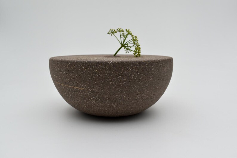 May include: A dark brown, semi-spherical ceramic vase with a small opening at the top. A sprig of green, delicate flowers is placed in the opening. The vase has a speckled texture and a minimalist design.
