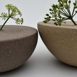 May include: Two contemporary ceramic vases in brown and beige. Each vase has a small hole for a stem, with greenery emerging. The vases have a smooth, rounded form. The arrangement is minimalist. The vases are likely made of stoneware.