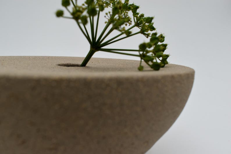 May include: A beige ceramic vase with a rounded shape and a small hole at the top, holding a sprig of green flowers. The vase has a textured surface and a minimalist design. The background is plain white.