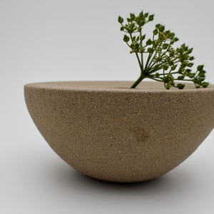 May include: A beige, semi-spherical ceramic vase with a small opening, holding a sprig of green plant. The vase has a textured surface and sits on a white background. A minimalist, modern design.