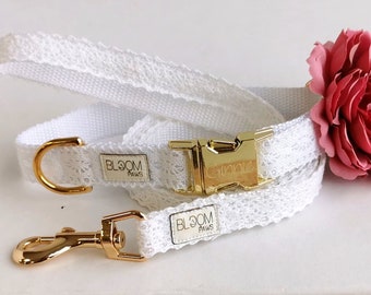 Wedding Dog Collar and leash set, White lace dog collar and lead, Personalized Wedding Set for dog