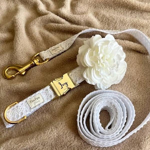 Personalized Wedding Dog Collar and leash set, White lace dog collar, Dog Collar attachable Flower, Wedding Set for dog, wedding dog outfit