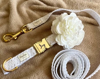 Collar y correa para perro de boda personalizados: encaje blanco, herrajes dorados
