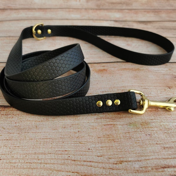 Black waterproof dog leash with Black or Gold hook, Honeycomb walking and training leash, Dirty resistant dog leash, 0.78" wide, Easy-care