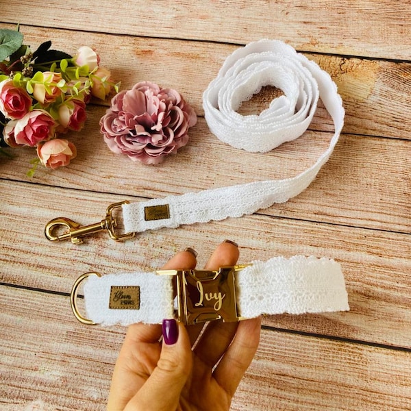 Personalized Wedding Dog Collar and leash set, White lace dog collar, Dog Collar attachable Flower, Wedding Set for dog, wedding dog outfit