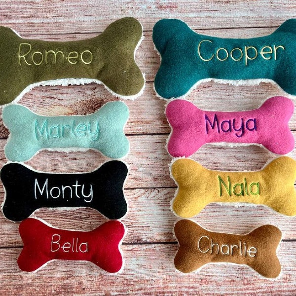 Personalized dog toy Bone, squeaker dog toy, Plush dog toy for small and large dog breeds, Custom puppy gift, Choose your size and color