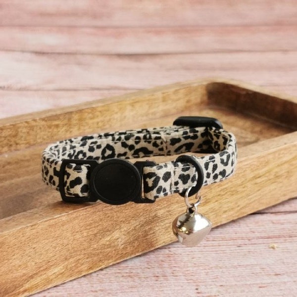 Leopard cat collar with bell, Breakaway Cat Collar, cute Kitten Collar, Quick Release Clasp, Soft fabric Collar,