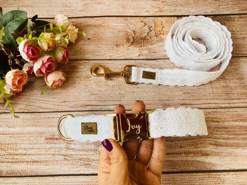 Personalized Wedding Dog Collar and Leash Set White Lace Dog Etsy