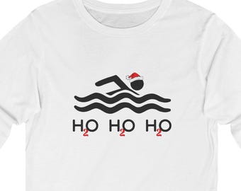 Adult Unisex Long Sleeve Tee with Santa Hat Swimmer for Swim Team Christmas