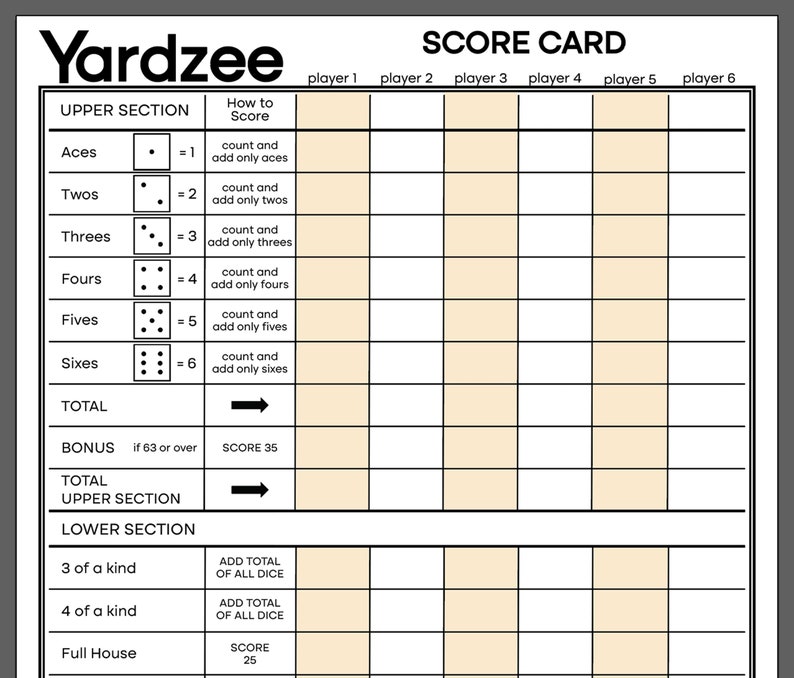 Printable Yardzee Score Card Digital Yahtzee Instant Download Family