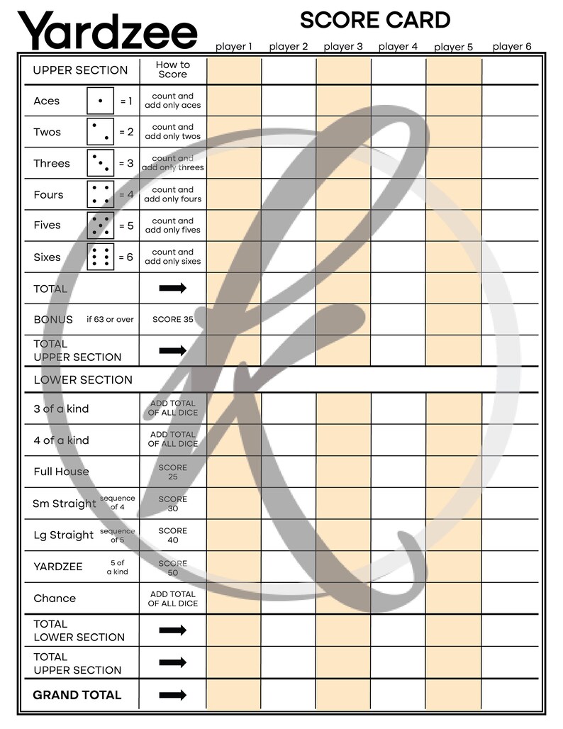 Printable Yardzee Score Card Digital Instant Download | Yahtzee Family Lawn Game | Summer Sunday ...