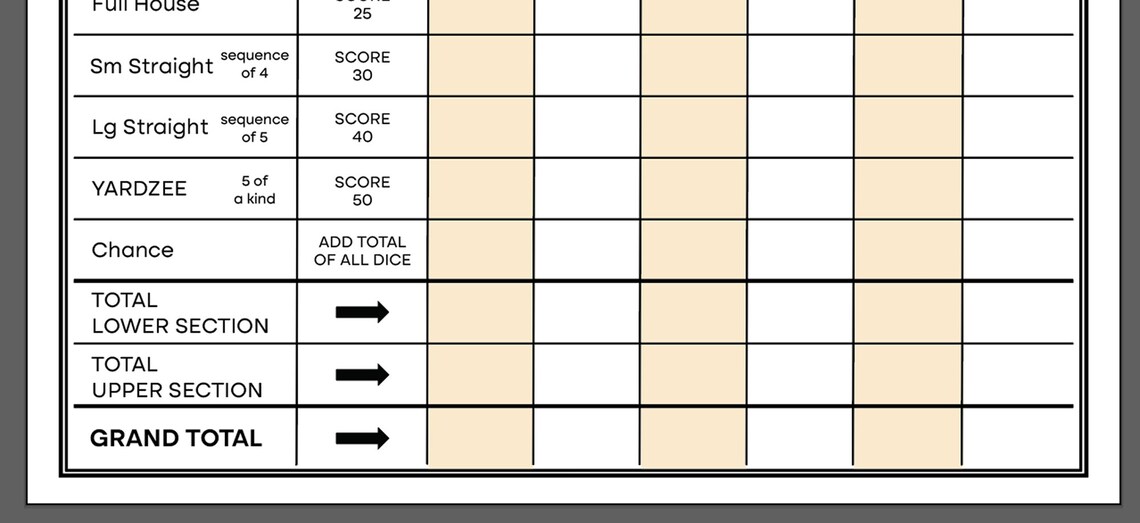 Printable Yardzee Score Card Digital Instant Download Yahtzee Family Lawn Game Summer Sunday ...