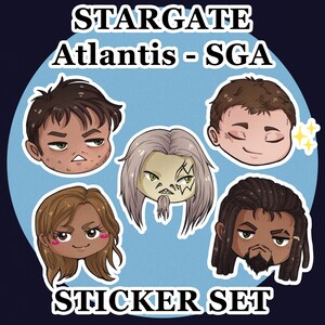 May include: A sticker set featuring cartoon illustrations of characters from Stargate Atlantis. The stickers include five character portraits with varying skin tones, hair colors, and facial expressions. The text "STARGATE Atlantis - SGA" and "STICKER SET" are displayed.