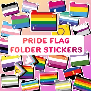 Könnte beinhalten: Ein Set bunter Ordneraufkleber mit verschiedenen Pride-Flaggen, darunter die Regenbogen-, Transgender-, Bi- und Pansexuell-Flaggen. Die Aufkleber sind so gestaltet, dass sie wie Aktenordner mit einem glitzernden Effekt aussehen. Der Text "PRIDE FLAG FOLDER STICKERS" wird auf einem weißen Banner angezeigt.