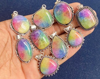 Natural Rainbow Pendant, Solar Quartz Druzy Pendant, Silver Plated Gemstone Pendant Lot, Designer Pendant, Mix Shape & Mix Size Pendant Lot