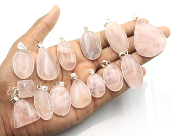 Natural Rose Quartz Gemstone Bezel Pendants, Rose Quartz Pendant Lot, Rose Quartz Silver Plated Bezel Pendant,  Mix Shapes Pendants Lot