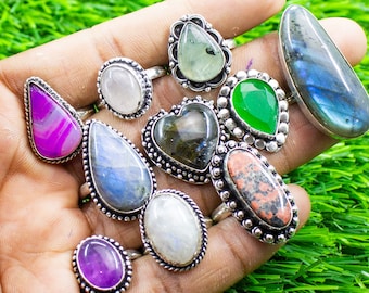 piedra lunar arco iris natural y mezcla de anillos de piedras preciosas, anillos hippies, anillo de joyería hecho a mano, anillos vintage, anillos de piedra, anillos gruesos, anillos de mujer