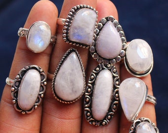 Rainbow Moonstone Gemstone Rings. Silver Overlay Handmade Rings, Boho Rings, Women Moonstone Crystal Rings, Hippie Gemstone Jewelry