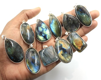 Natural Multi Labradorite Gemstone Bezel Pendants, Labradorite Bezel Pendant , Silver Plated Bezel, Mix Shapes & Size Bezel Pendants Jewelry