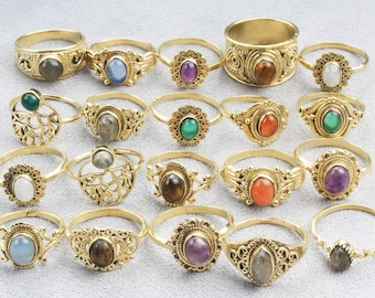 Mixed Gold Gemstone Rings, Bulk Hippie Rings, Wholesale Boho Chunky Rings, Multi Stone Ring Pack, Bulk Crystal Ring Lot, Statement Ring Lot