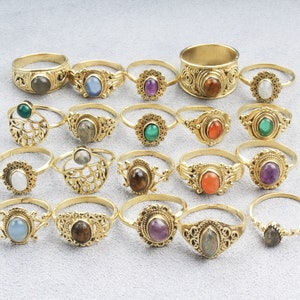 Mixed Gold Gemstone Rings, Bulk Hippie Rings, Wholesale Boho Chunky Rings, Multi Stone Ring Pack, Bulk Crystal Ring Lot, Statement Ring Lot