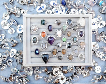 100 Stück verschiedene Kristall Ringe, Handgemachte Ringe, Boho Hippie Gothic Stil Ringe, Silber Overlay Kristall Ringe Schmuck