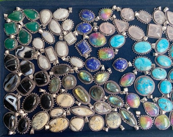 Stone Pendant, Turquoise & Mix Gemstone Pendant, 925 Silver Plated Gemstone Pendant, Boho Handmade Pendant, Mix Shape And Mix Desgin Pendant