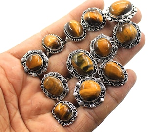 100 Pcs Tiger Eye Ring, 925 Silver Plated Gemstone Ring Lot, Brass Ring, Mix Size Ring, Designed Tiger eye Ring, Handmade Ring, Women Rings