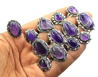 Natural Amethyst Ring, 925 Silver Plated Rings, Stone Rings Lot, Silver Plated Rings, Lot For Sale, Gemstone Rings Lot, US Size 6-10