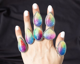 Rainbow Quartz Crystal Ring, Silver Overlay Handmade Ring, Hippie Ring, Women Ring, Boho Ring, Chunky Ring, Rainbow Solar Quartz Ring Lot