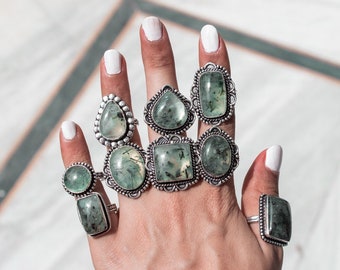 Prehnite crystal rings for women Handmade jewelry rings Statement Rings for women silver overlay prehnite gemstone band rings