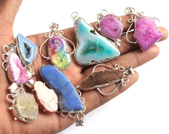 DIY Pendant Silver Electroplated Green Natural Geode Druzy Connector Jewelry DIY Pendant Silver Electroplated Green Natural Geode Druzy Connector Jewelry