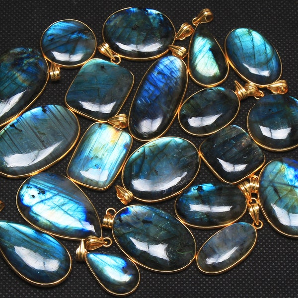 Labradorite Crystal Pendant, Gold Plated Labradorite Necklace Pendant lot, Handmade Jewelry, Vintage Hippie Pendant, Boho Pendant Jewelry