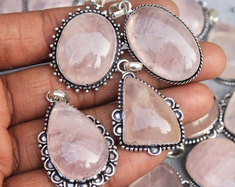Crystal Pendant. Natural Rose Quartz Pendant, Silver Overlay Necklace Pendant, Wedding Pendants, Natural Crystal Pendants Lot