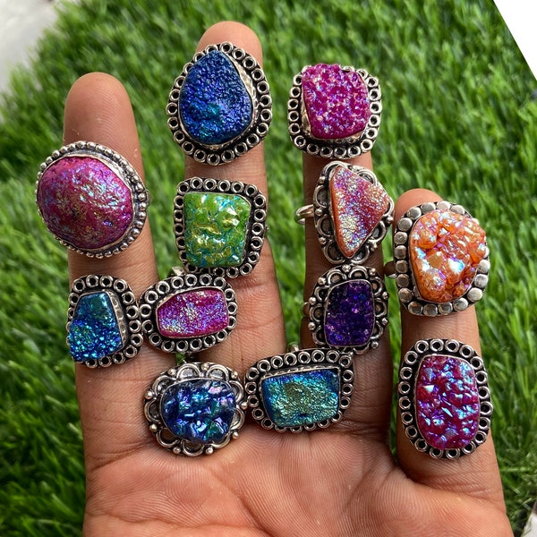 Multi Color Titanium Druzy Gemstone Rings, Brass Ring, 925 Silver Plated Ring, Rings Lot, Designer Jewelry, Party Wear Jewelry, Women Ring