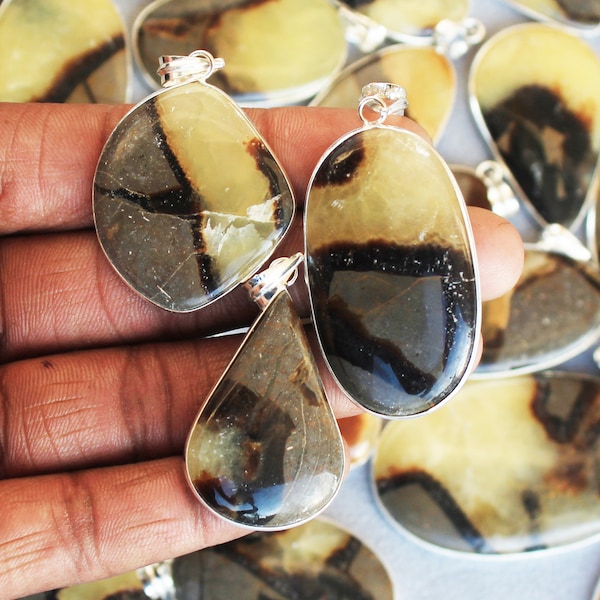 Septarian Crystal Pendants, Silver Overlay Handmade necklace Pendant, Mix Shape & Mix Size Septarian Gemstone Pendants Lot