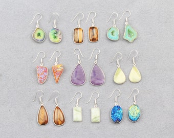 Assorted Crystal Earrings, Hippie Crystal Earring, Handmade Hook Earring, Silver Overlay Earring, Gift for her, February Designer Earrings