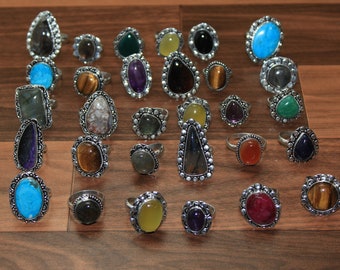 Rings Lot, Natural & Mix Gemstone Rings, hippie rings, Handmade Jewelry Ring, vintage Rings, bulk rings, chunky rings