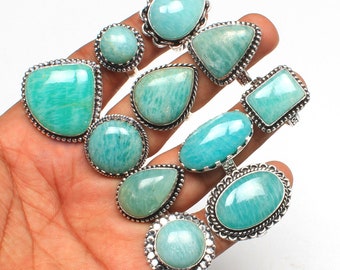 Natural Amazonite Gemstone Rings, Green Amazonite Gemstone Bezel Rings Lot, Amazonite Silver Plated Ring Jewelry Lot