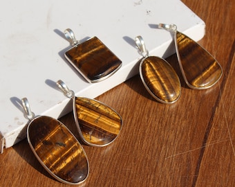 Tiger's Eye Bezel Pendant, Silver Overlay Pendant's, Mix Shapes & Size Tigers Eye Gemstone Necklace Pendants, Women Crystal Pendant Jewelry