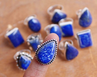 Natural Lapis Lazuli Rings, Blue Gemstone Ring, 925 Silver Plated Rings, Handmade Ring, Mix Designed Rings, Women Gifted Jewelry, Free Ship